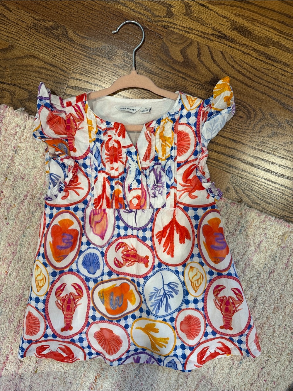 Janie and Jack White Multicolor Shell & Lobster Ruffle Sleeve Top